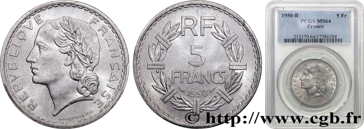 5 francs Lavrillier, aluminium 1950 Beaumont-Le-Roger F.339/21 fST64 PCGS