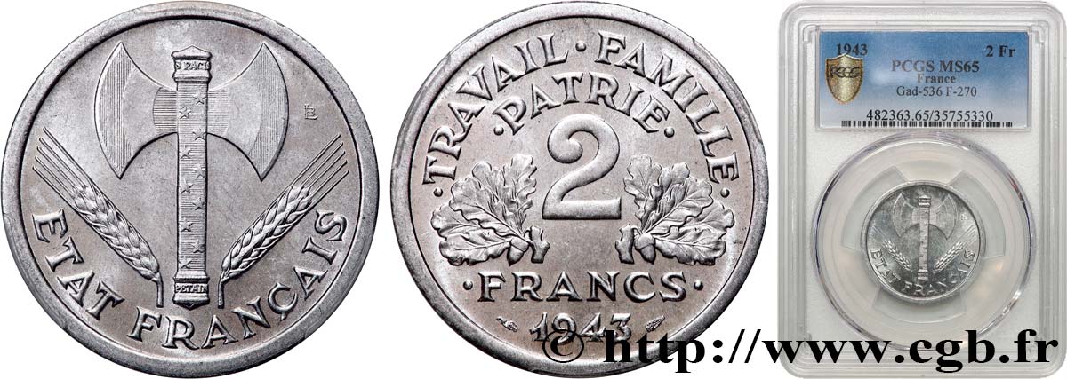 2 francs Francisque 1943  F.270/2 FDC65 PCGS