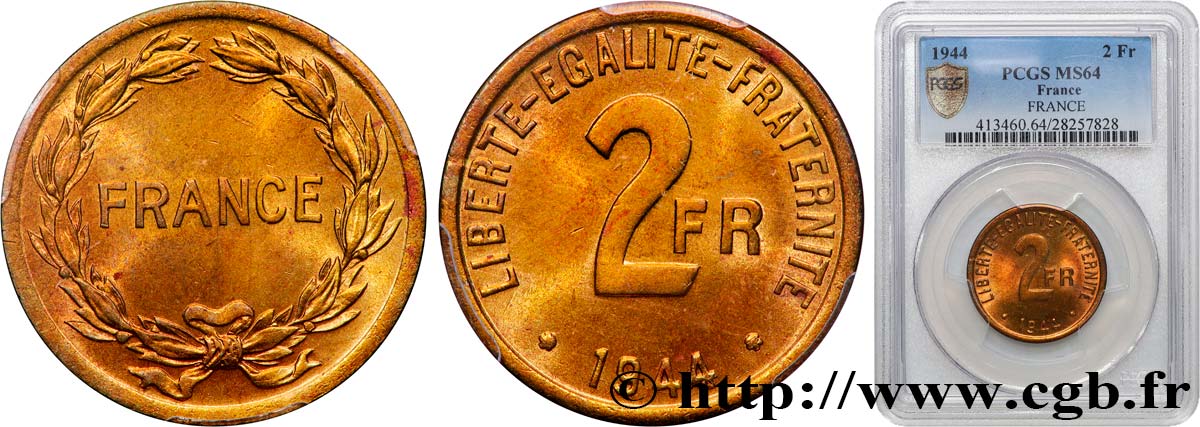 2 francs France 1944  F.271/1 MS64 PCGS