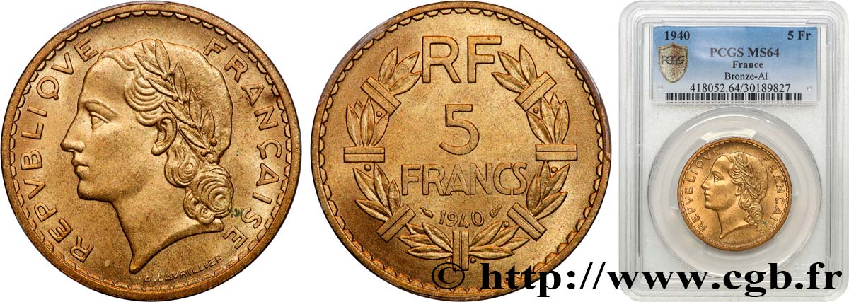 5 francs Lavrillier, bronze-aluminium 1940  F.337/4 MS64 PCGS