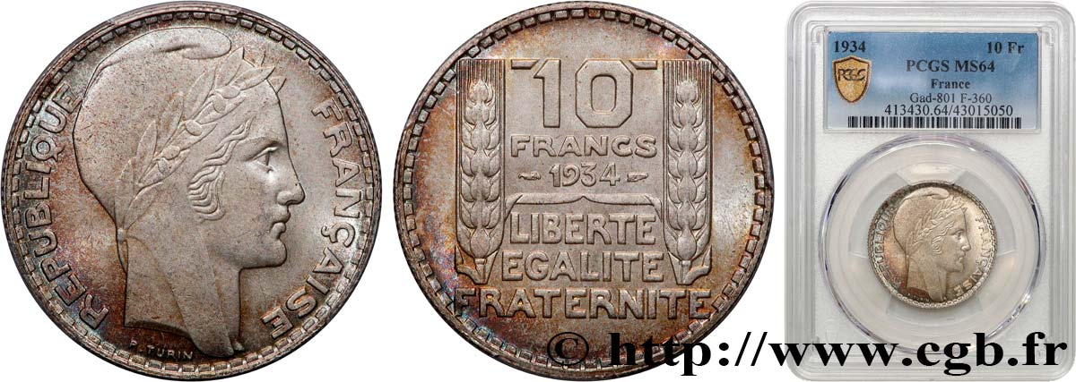 10 francs Turin 1934  F.360/7 SPL64 PCGS