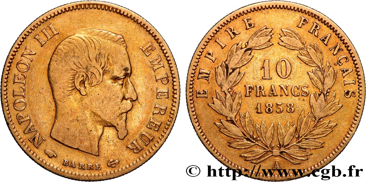 10 francs or Napoléon III, tête nue, grand module 1858 Paris F.506/5 MB 