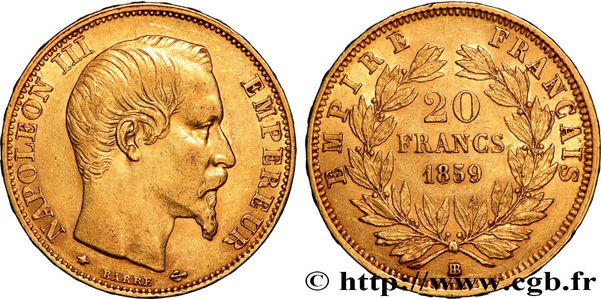 20 francs or Napoléon III, tête nue 1859 Strasbourg F.531/16 fVZ 