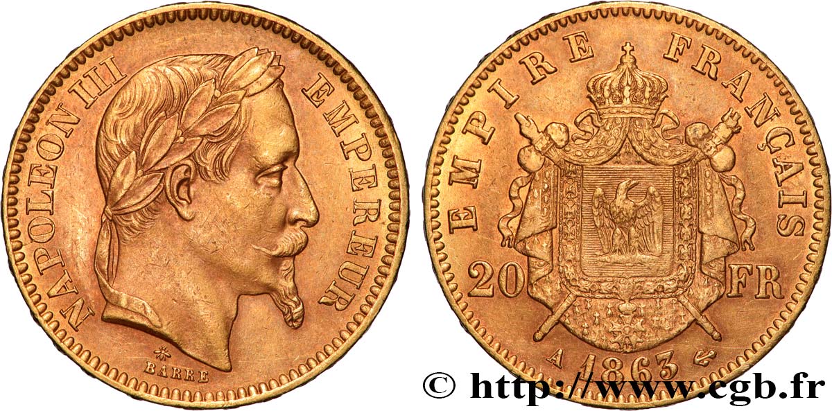 20 francs or Napoléon III, tête laurée 1863 Paris F.532/6 AU 