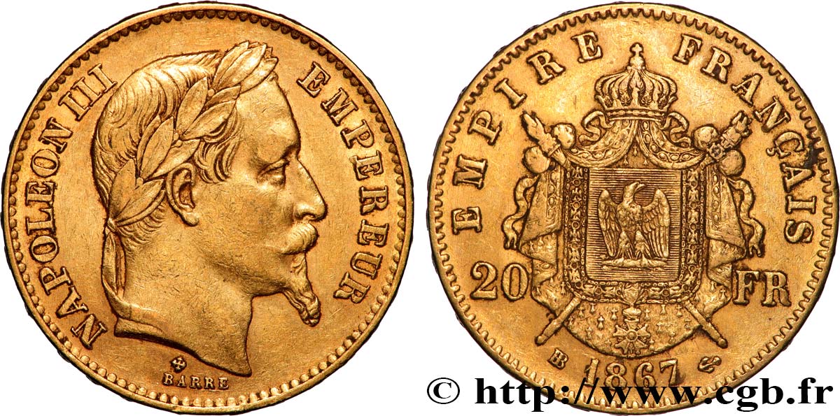 20 francs or Napoléon III, tête laurée 1867 Strasbourg F.532/16 TTB