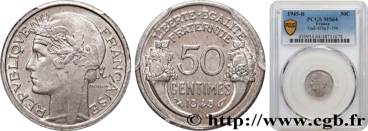 50 centimes Morlon, légère 1945 Beaumont-le-Roger F.194/6 MS64 PCGS
