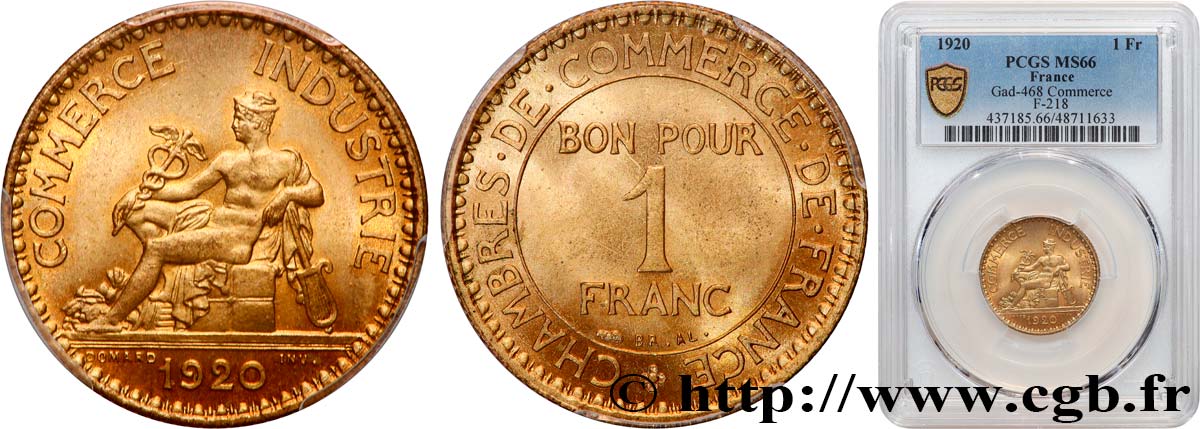 1 franc Chambres de Commerce 1920 Paris F.218/2 FDC66 PCGS