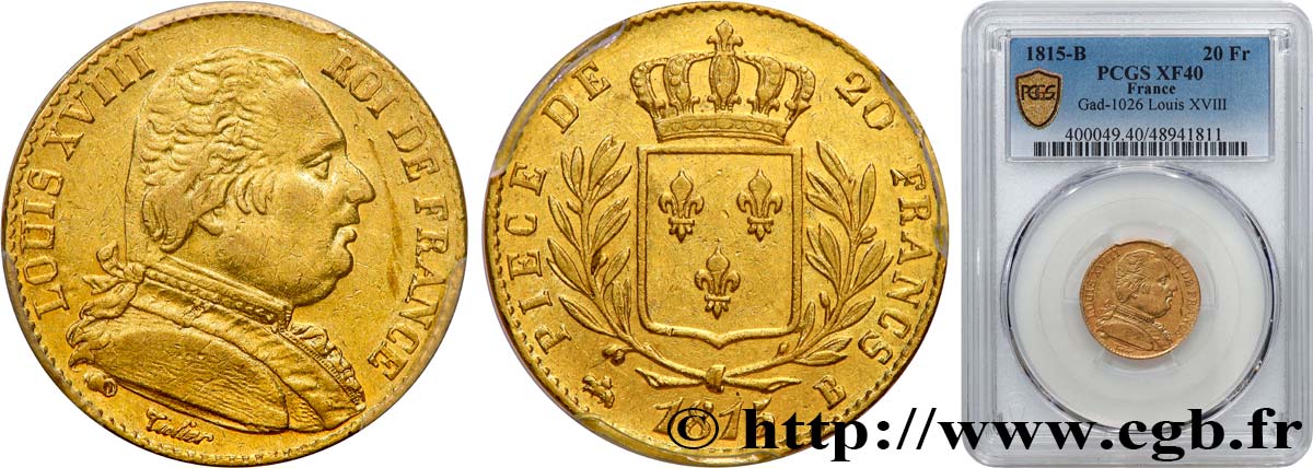 20 francs or Louis XVIII, buste habillé 1815 Rouen F.517/11 TTB40 PCGS