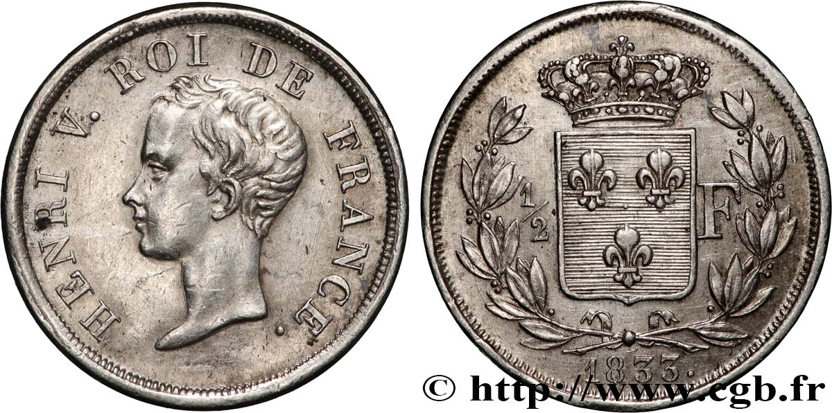 1/2 franc, buste juvénile 1833  VG.2713  AU 