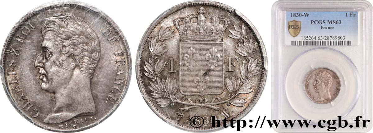 1 franc Charles X, matrice du revers à cinq feuilles 1830 Lille F.207/57 fST63 PCGS