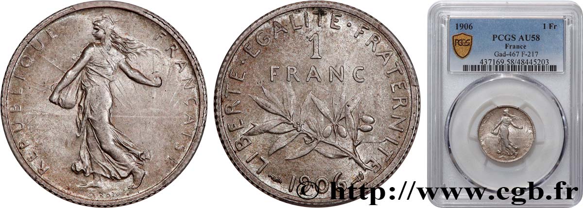 1 franc Semeuse 1906 Paris F.217/11 EBC58 PCGS