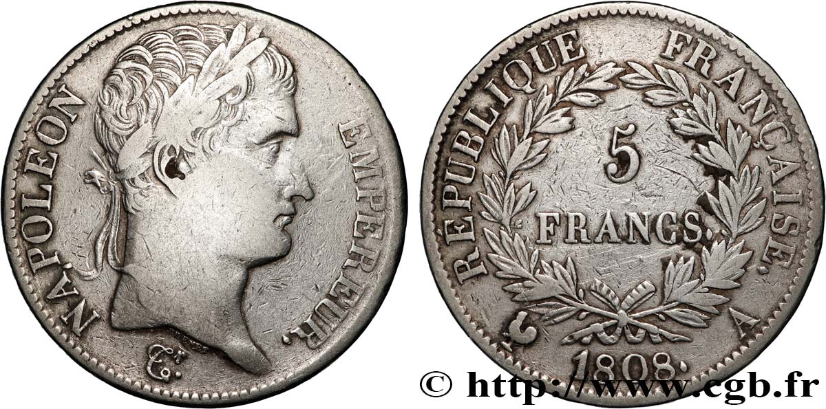 5 francs Napoléon Empereur, République française 1808 Paris F.306/2 S 