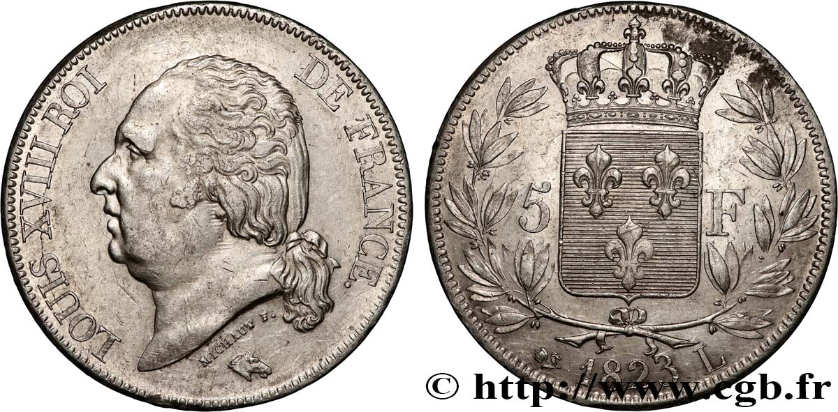 5 francs Louis XVIII, tête nue 1823 Bayonne F.309/83 MBC+ 