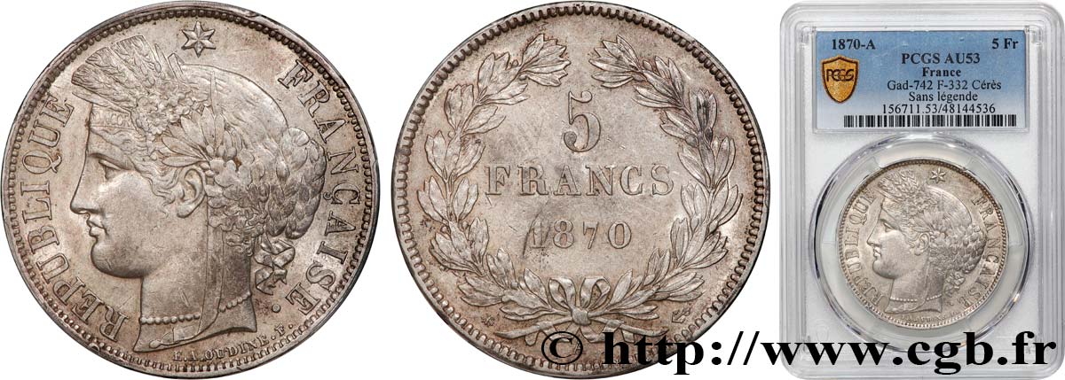 5 francs Cérès, sans légende 1870 Paris F.332/1 TTB53 PCGS