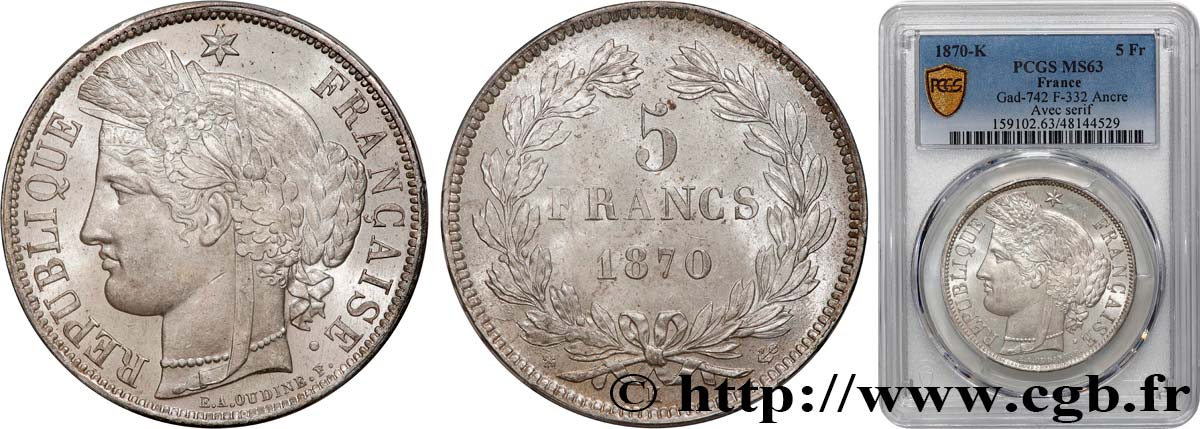 5 francs Cérès, sans légende 1870 Bordeaux F.332/2 SPL63 PCGS