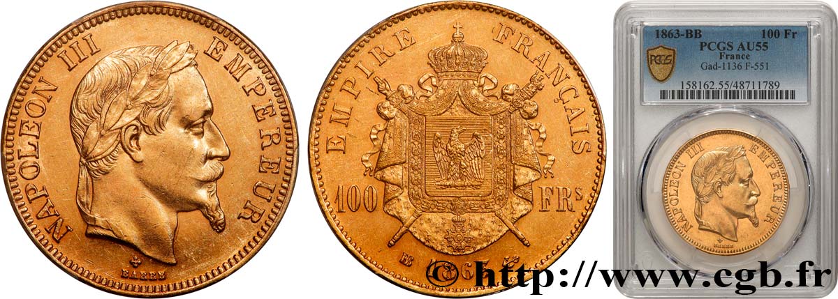 100 francs or Napoléon III, tête laurée 1863 Strasbourg F.551/3 EBC55 PCGS