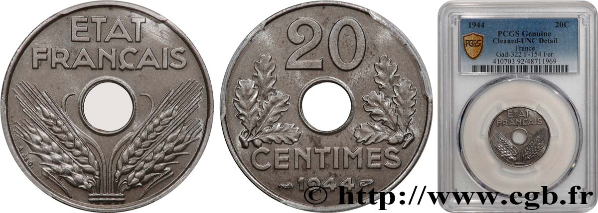20 centimes fer 1944  F.154/3 SPL+ PCGS