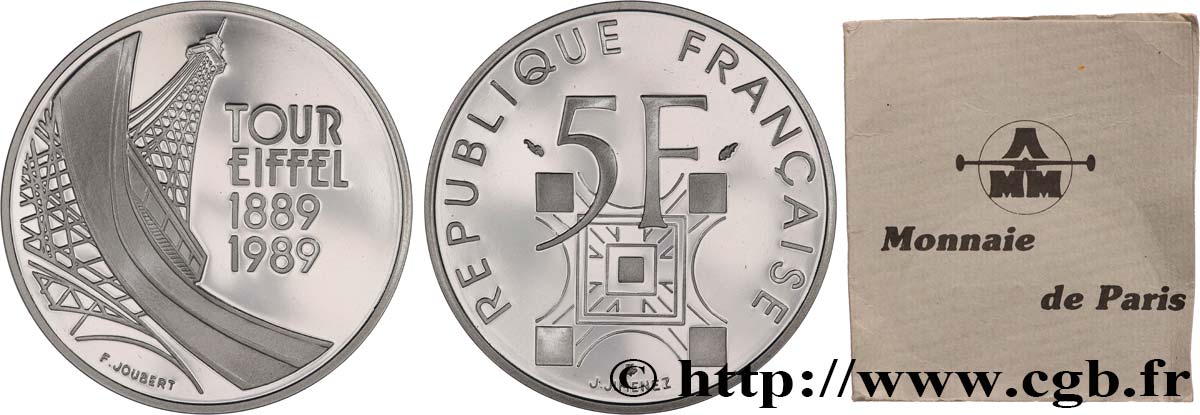 Belle Épreuve argent 5 francs Tour Eiffel 1989 Paris F5.1200 3 FDC