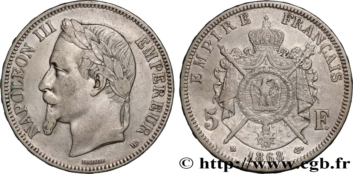 5 francs Napoléon III, tête laurée 1868 Strasbourg F.331/13 q.BB