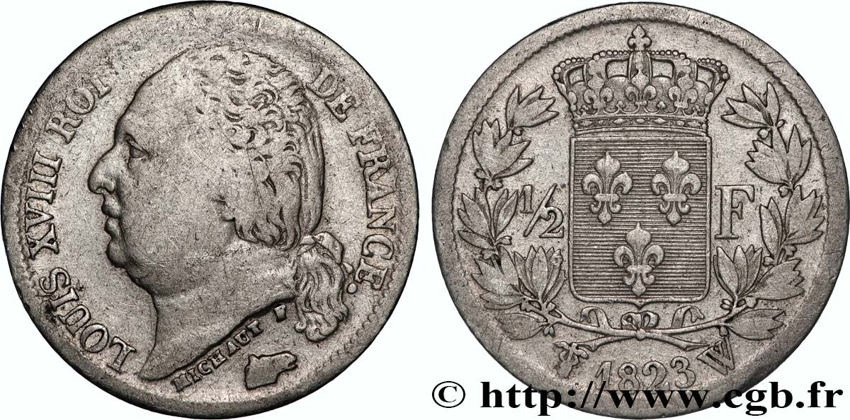 1/2 franc Louis XVIII 1823 Lille F.179/42 VF 