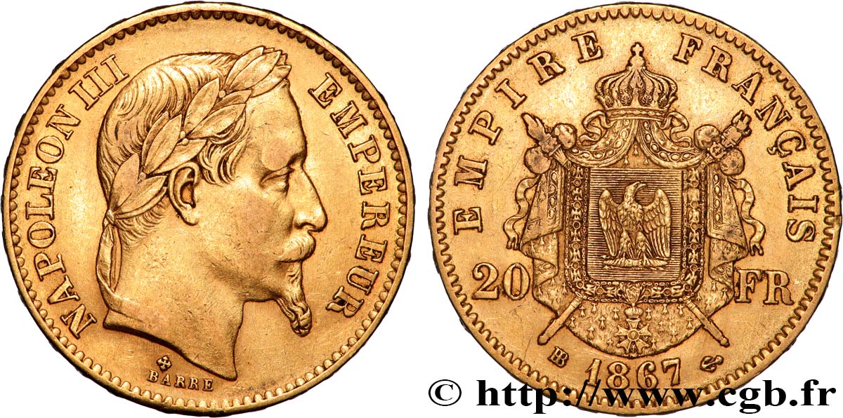 20 francs or Napoléon III, tête laurée 1867 Strasbourg F.532/16 TTB