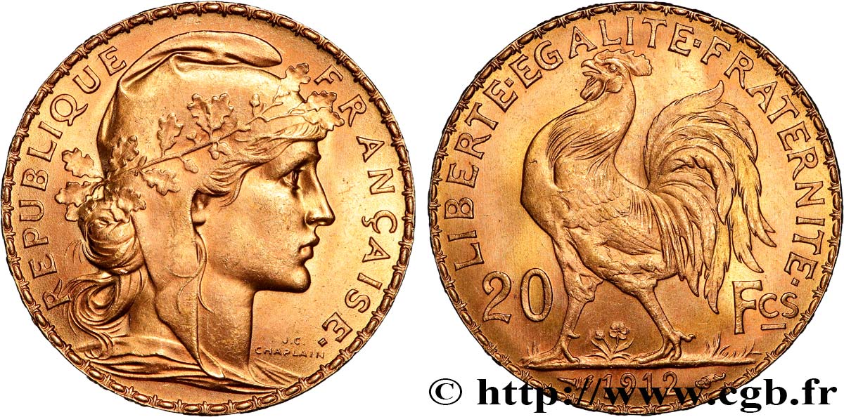 20 francs or Coq, Liberté Égalité Fraternité 1912 Paris F.535/6 SPL