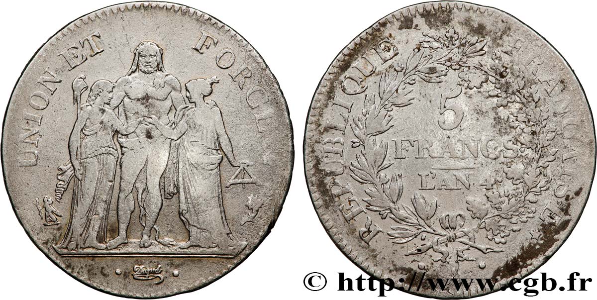 5 francs Union et Force, Union serré, avec glands intérieurs et gland extérieur 1796 Paris F.288/2 TB