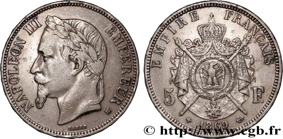5 francs Napoléon III, tête laurée 1869 Strasbourg F.331/15 TB+