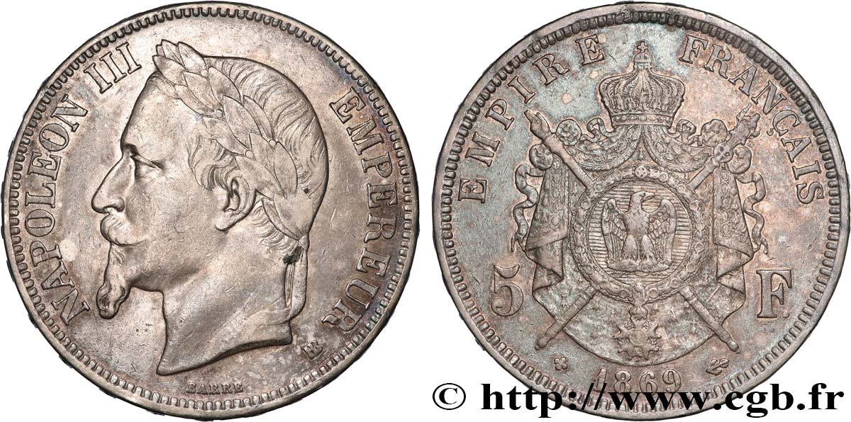 5 francs Napoléon III, tête laurée 1869 Strasbourg F.331/15 TB+