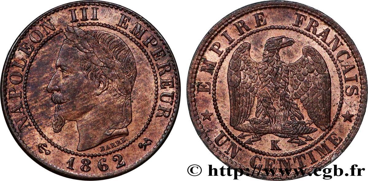 Un centime Napoléon III, tête laurée 1862 Bordeaux F.103/7 SUP61