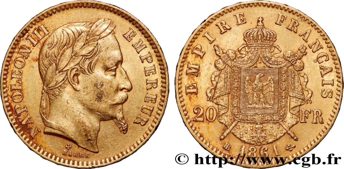 20 francs or Napoléon III, tête lauré 1861 Strasbourg F.532/2 TTB