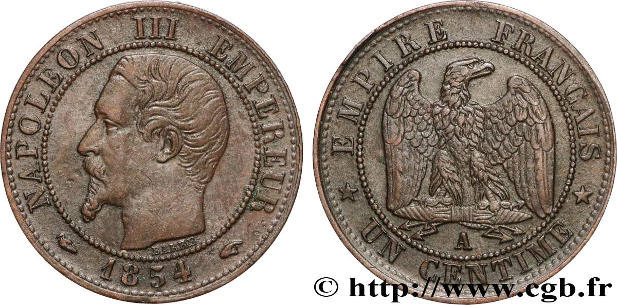 Un centime Napoléon III, tête nue 1854 Paris F.102/9 MBC
