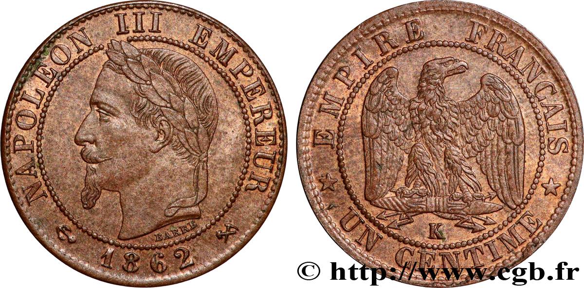 Un centime Napoléon III, tête laurée 1862 Bordeaux F.103/7 SUP60