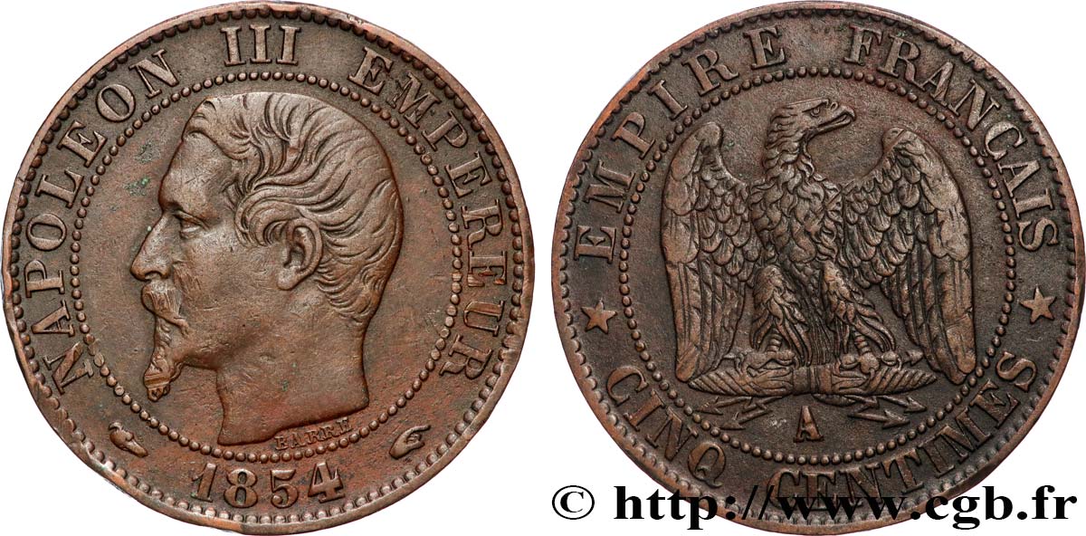 Cinq centimes Napoléon III, tête nue 1854 Paris F.116/8 TTB40
