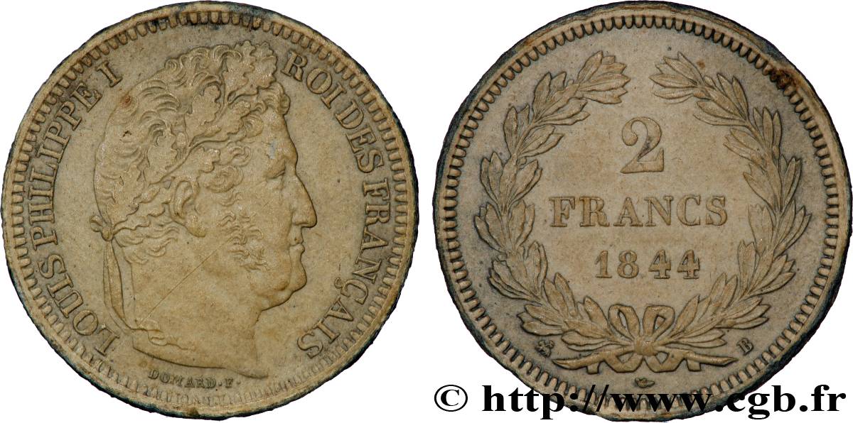 2 francs Louis-Philippe en carton, frappe médaille 1844 Rouen F.260/98 var. TTB+