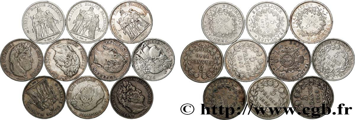 Lot de dix écus de 5 francs n.d. F.-/ TB