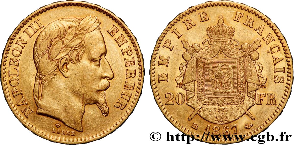 20 francs or Napoléon III, tête laurée 1867 Strasbourg F.532/16 TTB