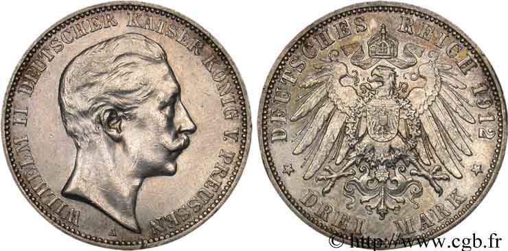 ALLEMAGNE - PRUSSE 3 Mark Guillaume II / aigle 1912 Berlin TTB 