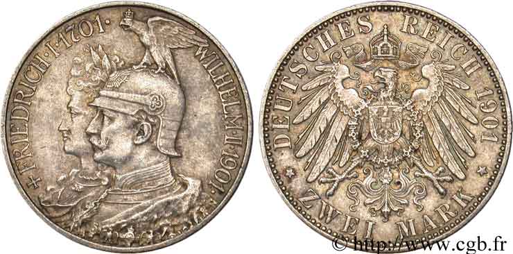 ALLEMAGNE - PRUSSE 2 Mark Guillaume II 200e anniversaire de la Prusse / aigle 1901 Berlin TTB 