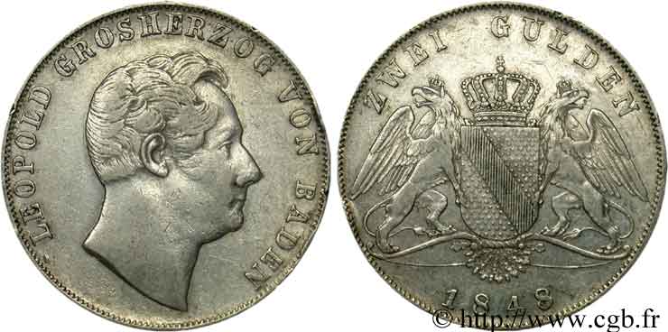 ALLEMAGNE - BADE 2 Gulden Léopold Ier de Bade 1848 Karlsruhe TB 