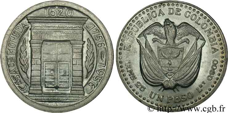 COLOMBIE 1 Peso 200e anniversaire atelier monétaire de Popayan 1956  SPL 