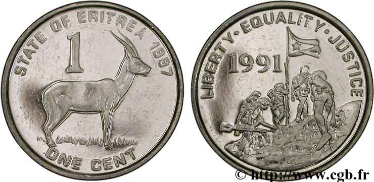 ÉRYTHRÉE 1 Cent antilope / combattants 1997  SPL 