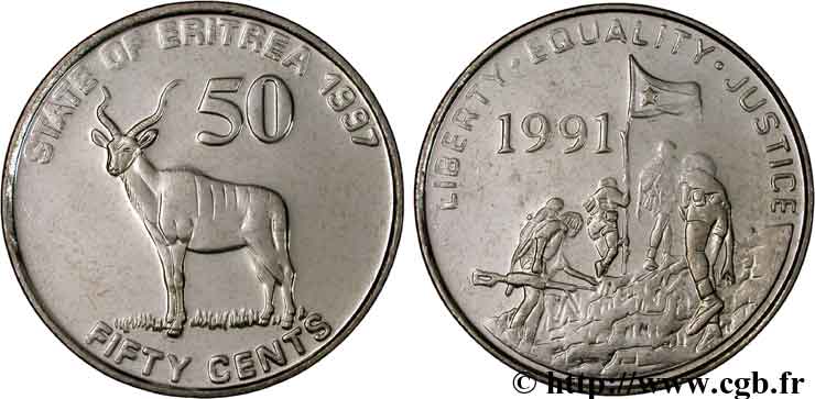 ÉRYTHRÉE 50 cents antilope / combattants 1997  SPL 
