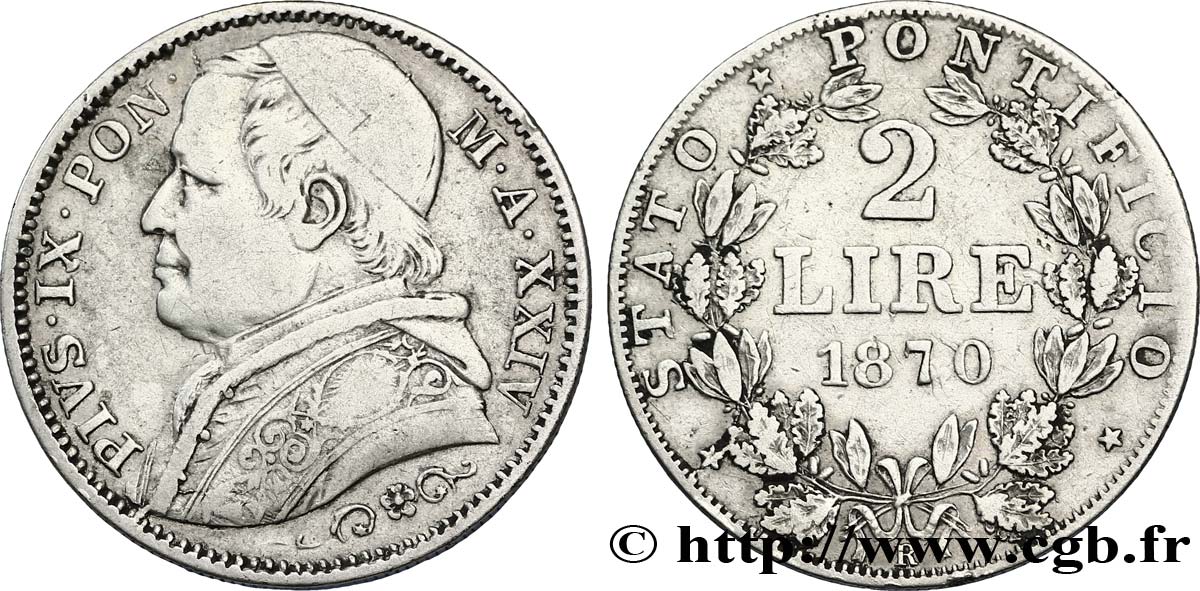 VATICAN ET ÉTATS PONTIFICAUX 2 Lire Pie IX an XXIV 1870 Rome TTB