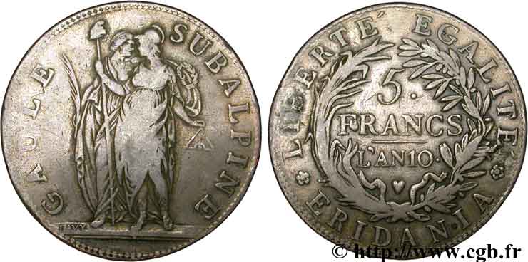 ITALIE - RÉPUBLIQUE SUBALPINE 5 Francs Gaule Subalpine 1801 an 10 Turin TB 