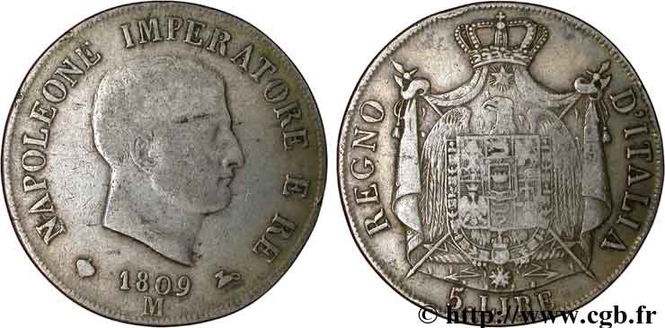 ITALIE - ROYAUME D ITALIE - NAPOLÉON Ier 5 Lire Napoléon Empereur et Roi d’Italie tranche en relief 1809 Milan TB 
