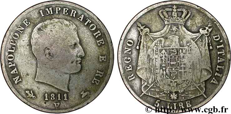 ITALIE - ROYAUME D ITALIE - NAPOLÉON Ier 5 Lire Napoléon Empereur et Roi d’Italie tranche en creux 1811 Venise - V TB 