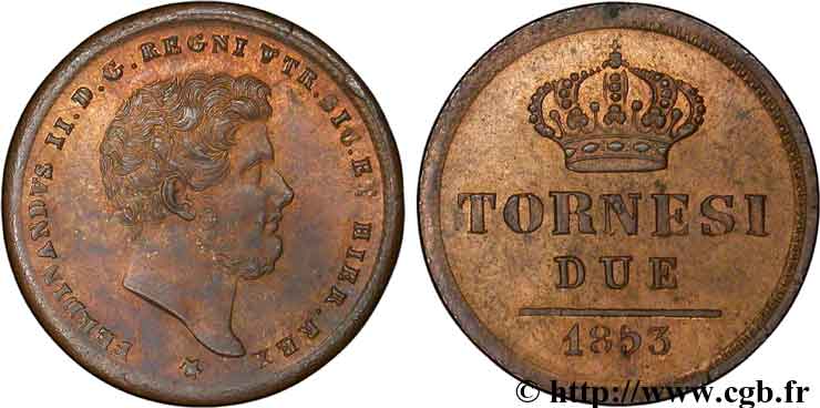 ITALIE - ROYAUME DES DEUX-SICILES 2 Tornesi Ferdinand II, roi de Naples et Sicile 1853 Naples SPL 