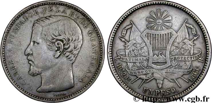 GUATEMALA 1 Peso Rafael Carrera R 1866  TB 