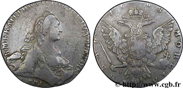 RUSSIE 1 Rouble aigle bicéphale / Catherine II 1768 Moscou - E TB 